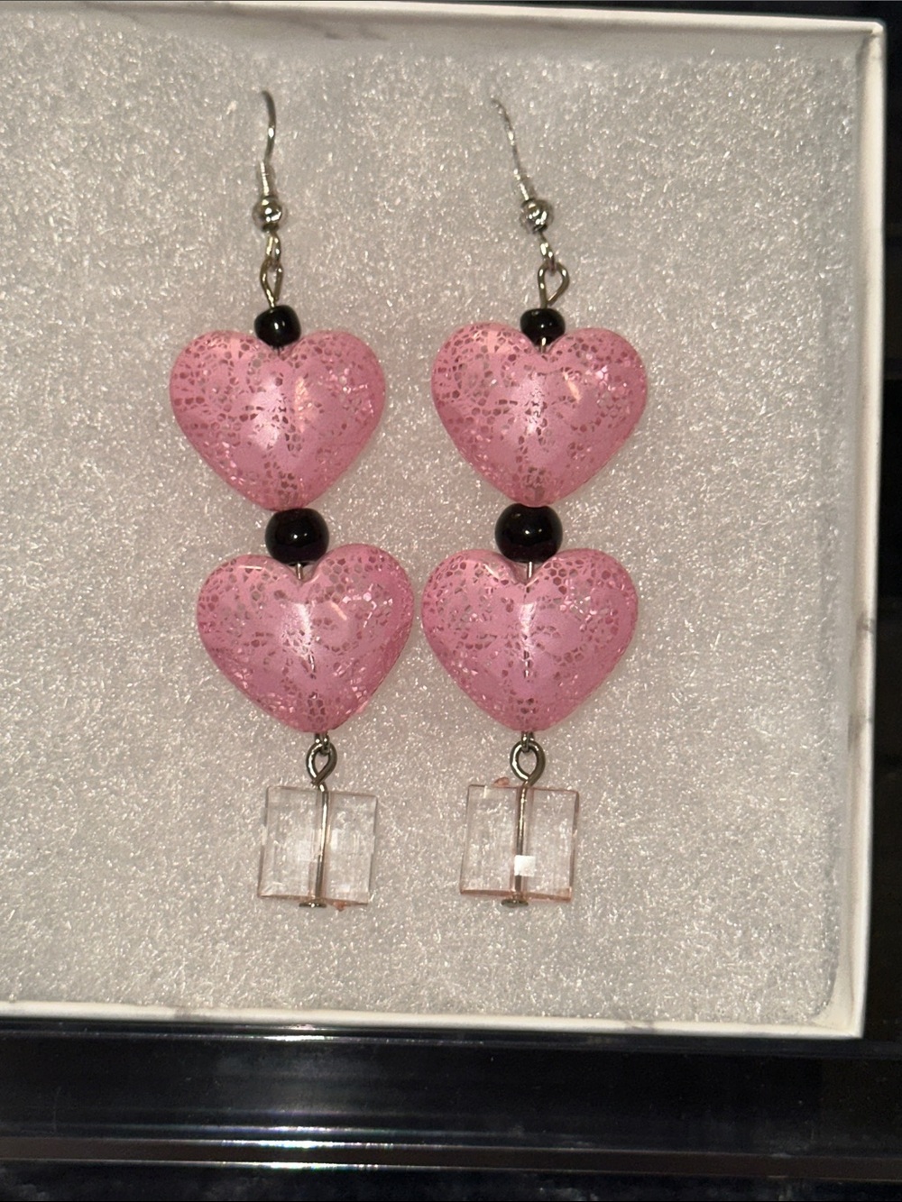 Handmade Pink Heart Dangle Earrings - Feminine Sparkle